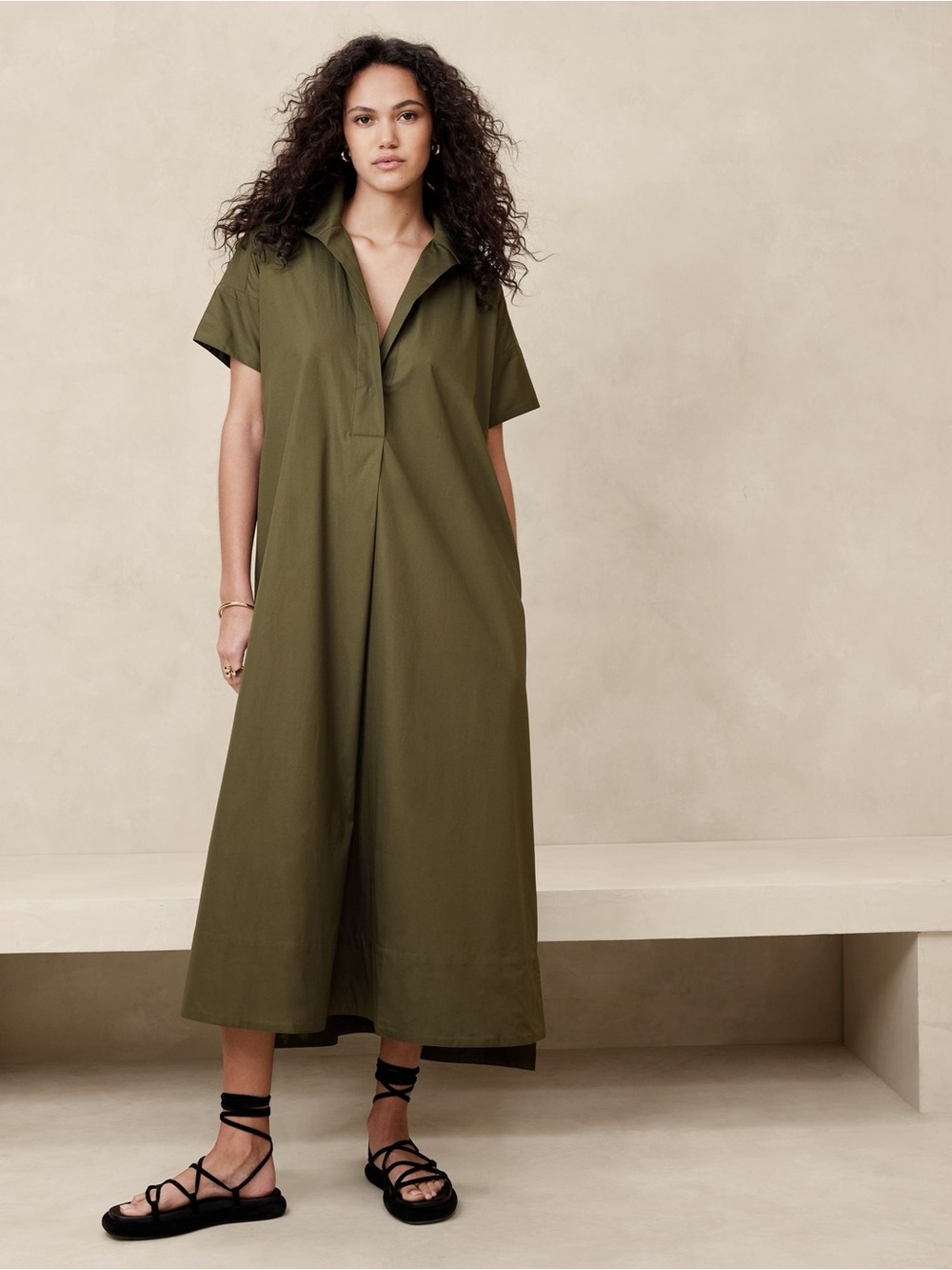 Banana Republic Cruz Cotton Poplin Maxi Dress Olive Green XS/S